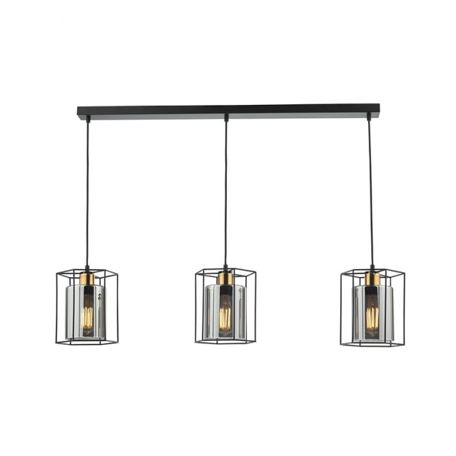Dar Lighting Dar Tatum 3 Light Bar Ceiling Pendant Light In Matt Black Finish With Smoked Glass