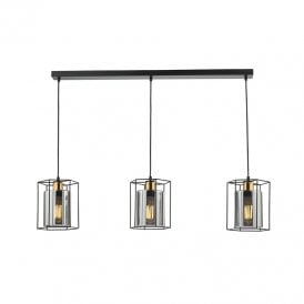 Dar Tatum 3 Light Bar Ceiling Pendant Light In Matt Black Finish With Smoked Glass