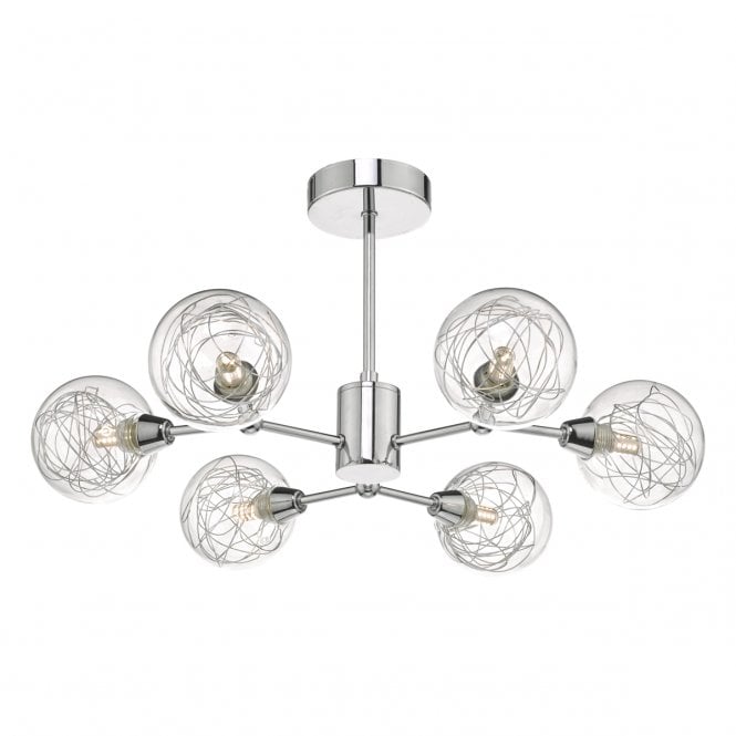 Dar Lighting Dar Tyka 6 Light Semi Flush Ceiling Fitting In Polished Chrome Finish With Decorative Glass Shades