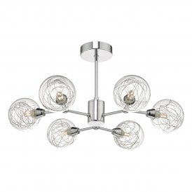 Dar Tyka 6 Light Semi Flush Ceiling Fitting In Polished Chrome Finish With Decorative Glass Shades