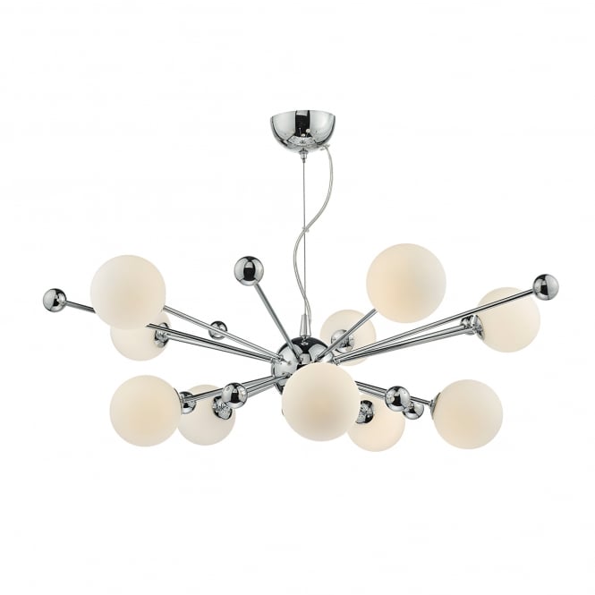 Dar Lighting Dar Ursa 10 Light Ceiling Pendant in Polished Chrome Finish with Opal Glass Shades