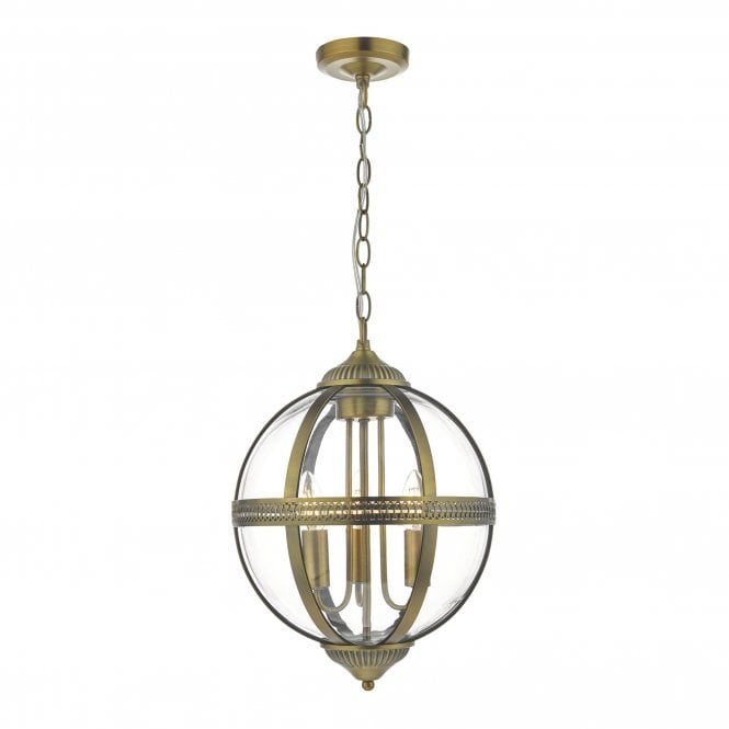Dar Lighting Dar Vanessa 3 Light Ceiling Pendant in Antique Brass Finish with Glass