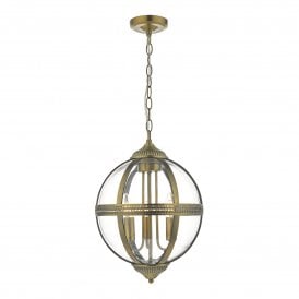 Dar Vanessa 3 Light Ceiling Pendant in Antique Brass Finish with Glass