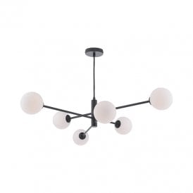 Dar Vignette 6 Arm Ceiling Pendant Light In Matt Black Finish with Opal Glass