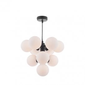 Dar Vine 10 Arm Ceiling Pendant Light In Matt Black Finish with Opal Glass