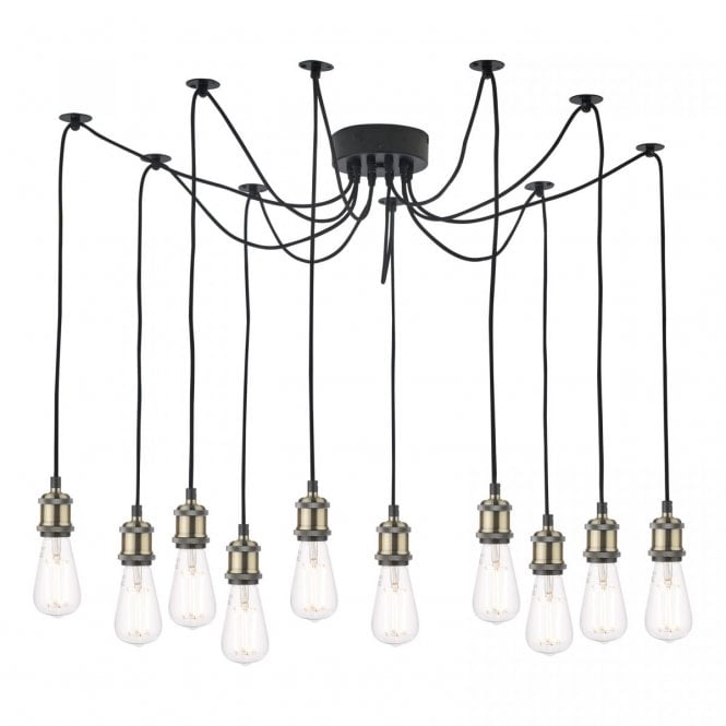 Dar Lighting Dar Waco 10 Light Ceiling Pendant in Antique Brass and Matt Black Finish