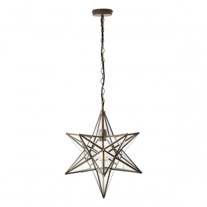 Dar Lighting ILA8675 Ilario Single Light Large Ceiling Pendant In Antique Brass Finish With Glass Panelled Star Shade