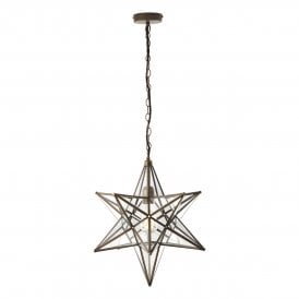 ILA8675 Ilario Single Light Large Ceiling Pendant In Antique Brass Finish With Glass Panelled Star Shade