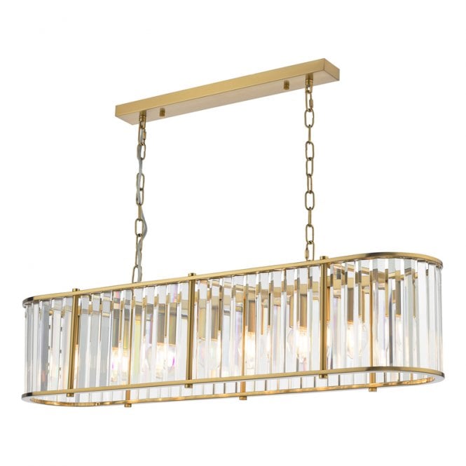 Dar Lighting Kiran 7 Light Bar Ceiling Pendant In Natural Brass and Crystal Finish