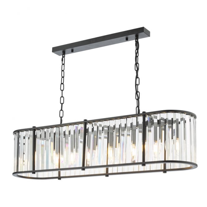 Dar Lighting Kiran 7 Light Bar Ceiling Pendant In Satin Black and Crystal Finish