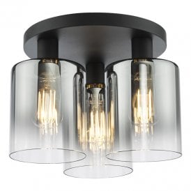 Savannah 3 Light Smoked Glass Flush Ceiling Fitting In Matt Black Finish