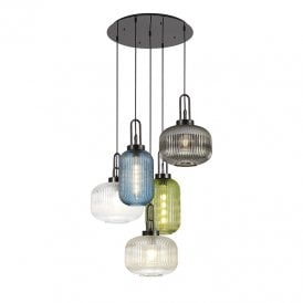 Albany 5 Light Cascade Ceiling Pendant Light - Black Chrome and Multi Coloured Glass
