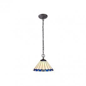Dresden 2 Light Ceiling Pendant In Aged Antique Brass Finish with Blue Tiffany Glass Shade