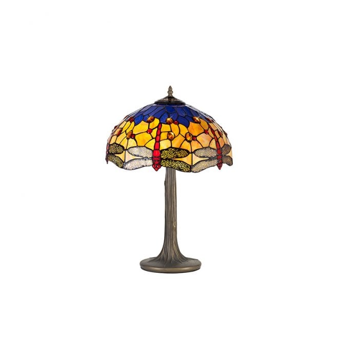 Discovery Lighting Hazel 2 Light Table Lamp in Antique Brass Finish With 40cm Dragonfly Blue Tiffany Shade
