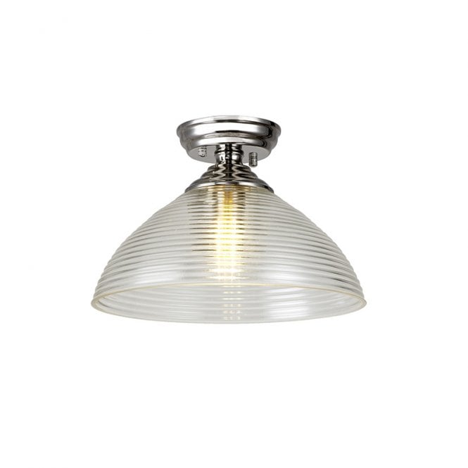Discovery Lighting Missouri Single Light Flush Ceiling Light In Polished Nickel Finish with Round 33.5cm Prismatic Effect Clear Glass Shade