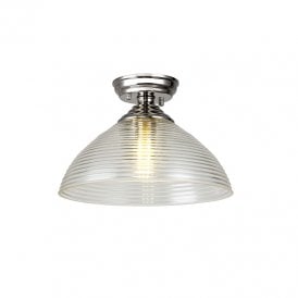 Missouri Single Light Flush Ceiling Light In Polished Nickel Finish with Round 33.5cm Prismatic Effect Clear Glass Shade