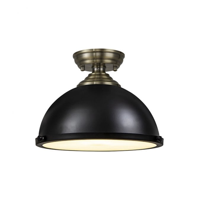 Discovery Lighting Missouri Single Light Flush Ceiling Light With Round 31cm Metal Shade In Antique Brass and Matt Black Finish