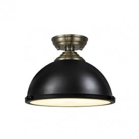 Missouri Single Light Flush Ceiling Light With Round 31cm Metal Shade In Antique Brass and Matt Black Finish