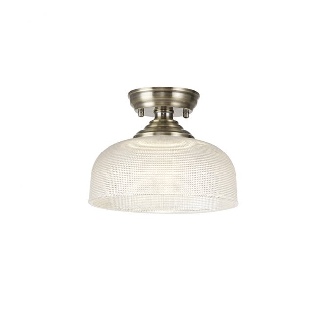 Discovery Lighting Missouri Single Light Flush Ceiling LightIn Antique Brass Finish with Round 26.5cm Prismatic Effect Clear Glass Shade