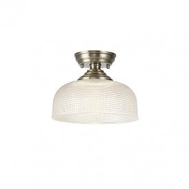 Missouri Single Light Flush Ceiling LightIn Antique Brass Finish with Round 26.5cm Prismatic Effect Clear Glass Shade