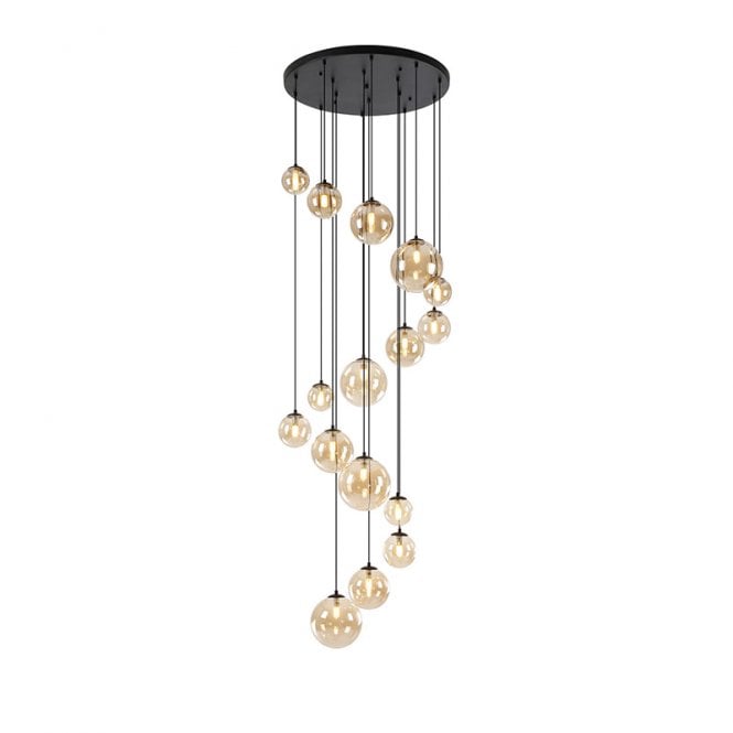 Discovery Lighting Sedona 16 Light Cascade Ceiling Pendant Light - Satin Black and Amber Glass