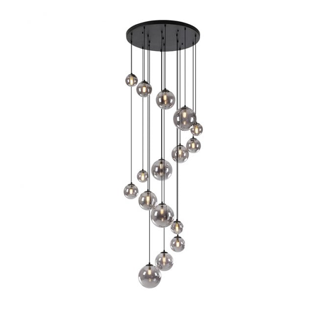 Discovery Lighting Sedona 16 Light Cascade Ceiling Pendant Light - Satin Black and Smoked Glass