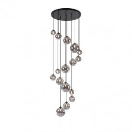 Sedona 16 Light Cascade Ceiling Pendant Light - Satin Black and Smoked Glass