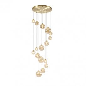 Sedona 16 Light Cascade Ceiling Pendant Light - Satin Gold and Amber Glass