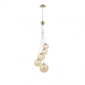 Sedona 5 Light Cluster Ceiling Pendant - Satin Gold and Amber Glass