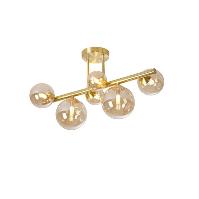 Discovery Lighting Sedona 6 Light Semi-Flush Ceiling Light - Satin Gold and Amber Glass
