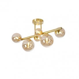 Sedona 6 Light Semi-Flush Ceiling Light - Satin Gold and Amber Glass