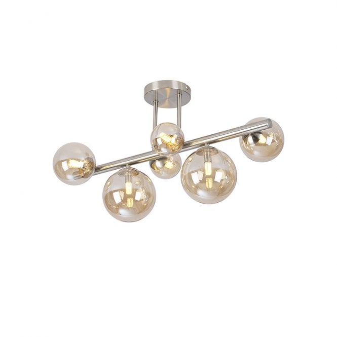 Discovery Lighting Sedona 6 Light Semi-Flush Ceiling Light - Satin Nickel and Amber Glass