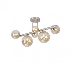 Sedona 6 Light Semi-Flush Ceiling Light - Satin Nickel and Amber Glass