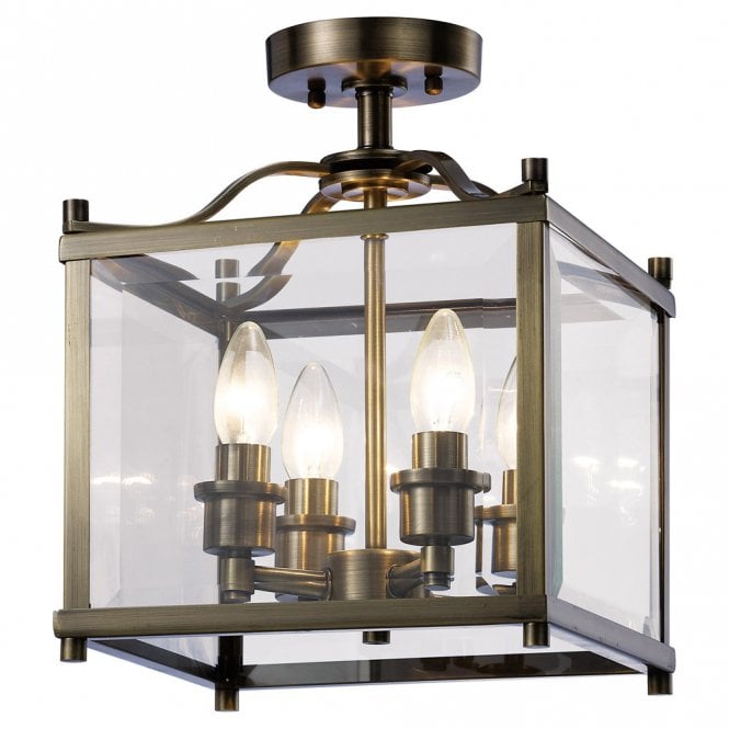 Diyas Aston 4 Light Semi Flush Ceiling Lantern in Antique Brass Finish