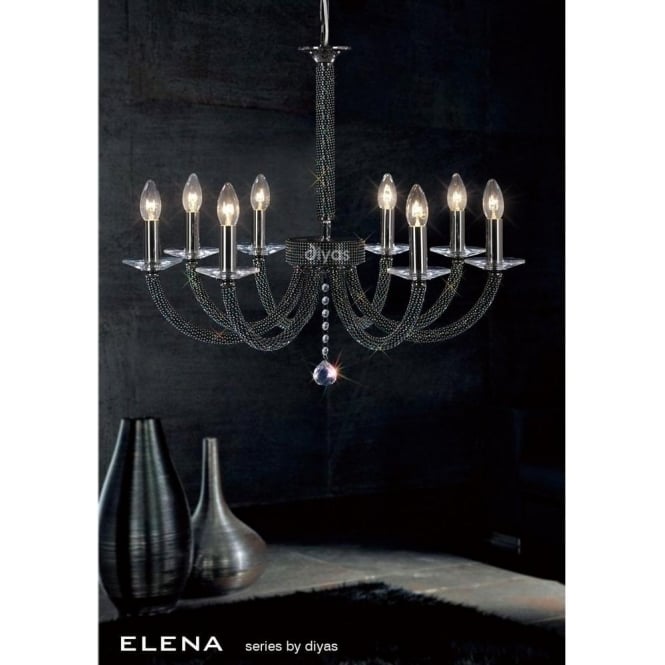 Diyas Elena Large 8 Light Chandelier in Black with Asfour Crystal Decoration
