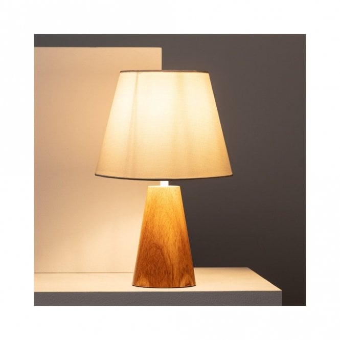 Iluzzia E1265 Dukku Single Light Table Lamp in Natural Wood Finish with White Fabric Shade