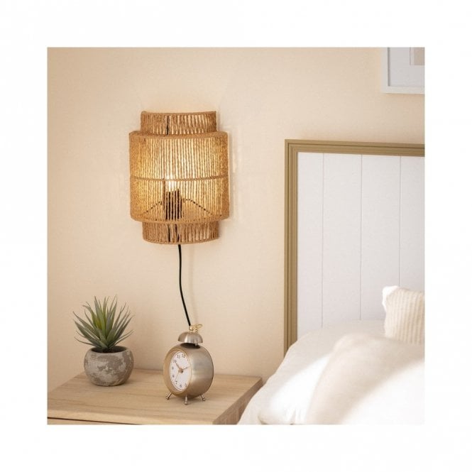 Iluzzia E1401  Kirito Single Light Rattan Flush Wall Fitting with Plug in Natural Finish
