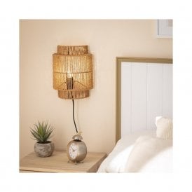E1401 Iluzzia Kirito Single Light Rattan Flush Wall Fitting with Plug in Natural Finish
