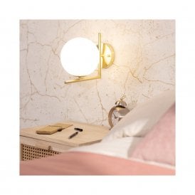 E2050 Iluzzia Moonlight Single Light Wall Fitting in Gold With Opal Glass Shade