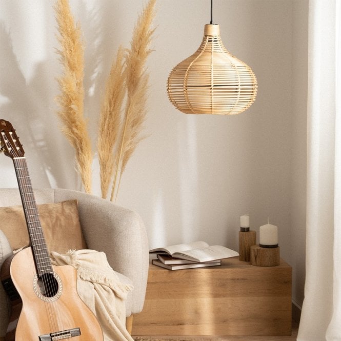Iluzzia E2154  Yantai Single Light Rattan Ceiling Pendant Fitting in Natural Finish
