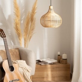 E2154 Iluzzia Yantai Single Light Rattan Ceiling Pendant Fitting in Natural Finish