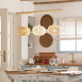E2163 Iluzzia Linfen Wooden 3 Light Bar Ceiling Pendant in Natural Rattan Finish