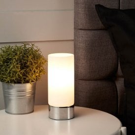 Ditty Single Light Touch Table Lamp In Polished Chrome Finish With White Glass Shade