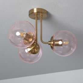 Edit Amatler 3 Light Flush Ceiling Fitting In Brass finish With Pink Glass