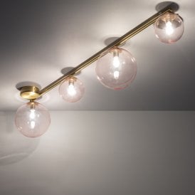 Edit Amatler 4 Light Flush Ceiling Fitting in Gold Finish With Pink Glass