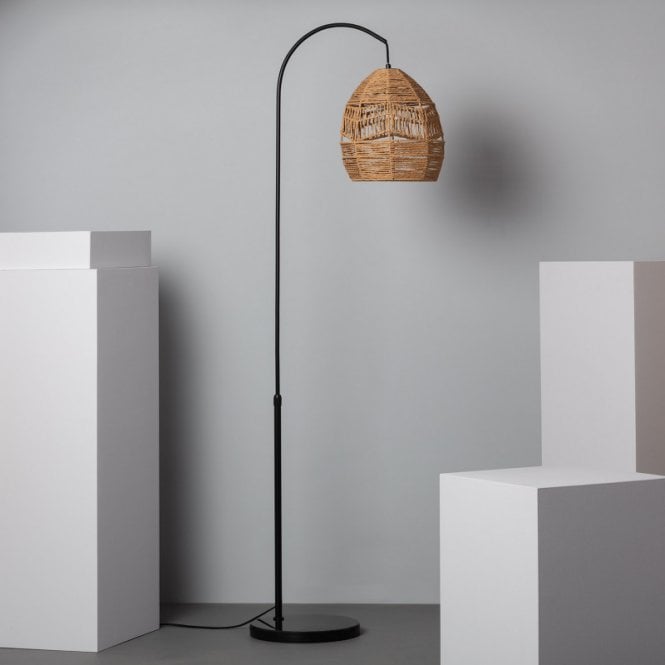 Edit Lighting Edit Beyawo Single Light Floor Lamp In Black Finish With Natural Rattan Shade