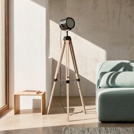 Edit Boes Single Light Tripod Floor Lamp In Black & Wood Finish