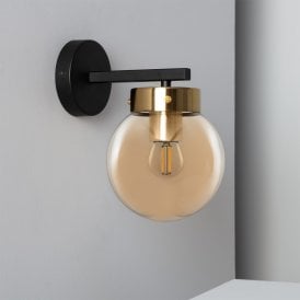 Edit Cawu Single Light Wall Fitting in Black Finish with Gold Detail and Amber Glass Shade