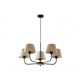 Edit Cottage 5 Arm Ceiling Pendant in Black Finish With Natural Linen Shades