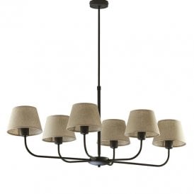 Edit Cottage 6 Light Multi Arm Pendant in Black Finish With Natural Linen Shades